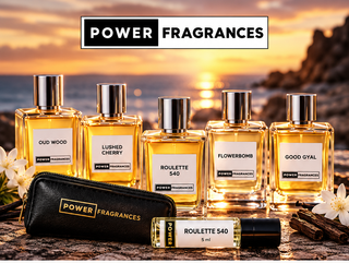 Power Fragrances gold fragrance bottles, leather pouch and 5ml tester at sunset